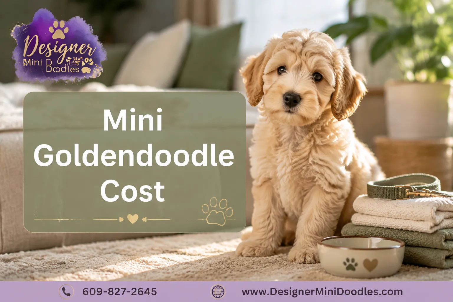 Professional () editorial hero image with 'Mini Goldendoodle Cost' in crisp white on a warm sage-green semi-transparent
