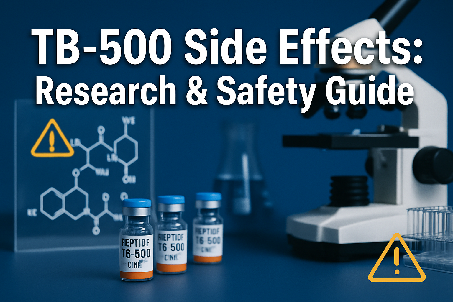 Professional landscape hero image (1536x1024) featuring bold text overlay 'TB-500 Side Effects: Research & Safety Guide' in extra large 72pt