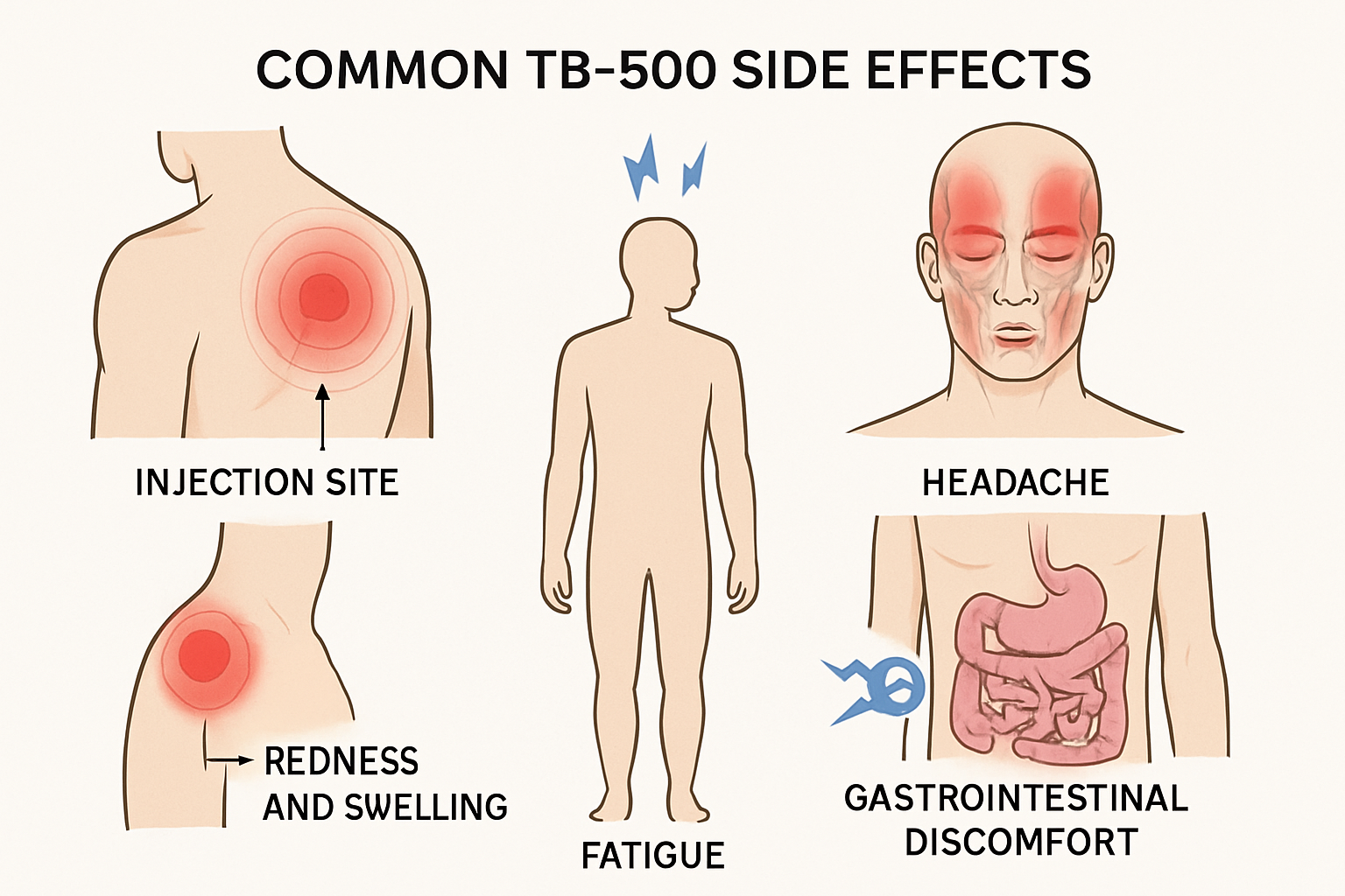 Scientific illustration showing common TB-500 side effects with anatomical diagrams highlighting injection sites with redness and swelling,