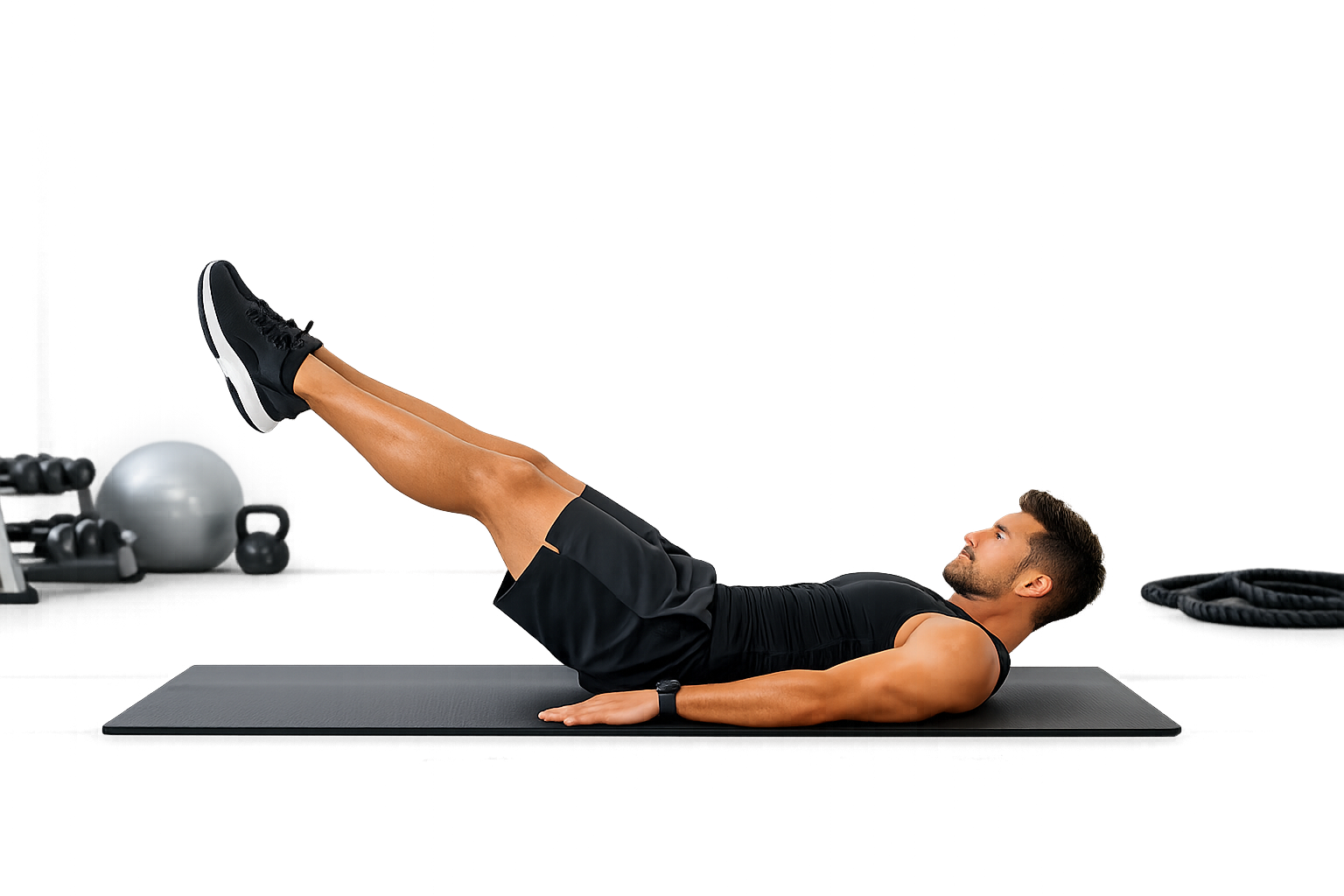 Professional fitness photography: athletic person performing lying leg lift exercise on yoga mat in bright modern gym,