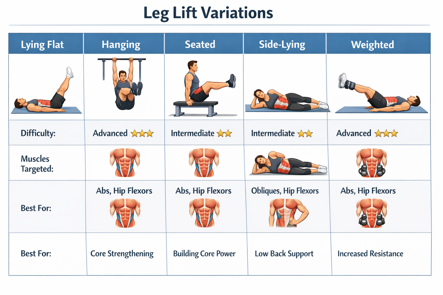 Comparison chart infographic showing 5 leg lift variations side by side: lying flat, hanging, seated, side-lying, and