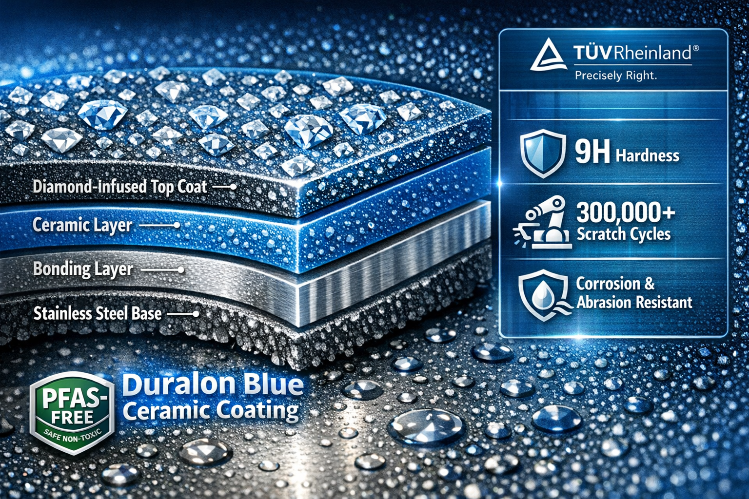 Close-up macro photography landscape format (1536x1024) showing the cross-sectional molecular diagram of Duralon Blue ceramic coating layers overlaid on a real Nuwave pan surface. Diamond-infused scratch-resistant coating shown with microscopic texture detail, PFAS-FREE certification badge visible, TÜV Rheinland test results displayed as clean infographic panel on the right. Color scheme: electric blue, silver, white. Scientific illustration style merged with product photography, clean laboratory aesthetic, high detail.