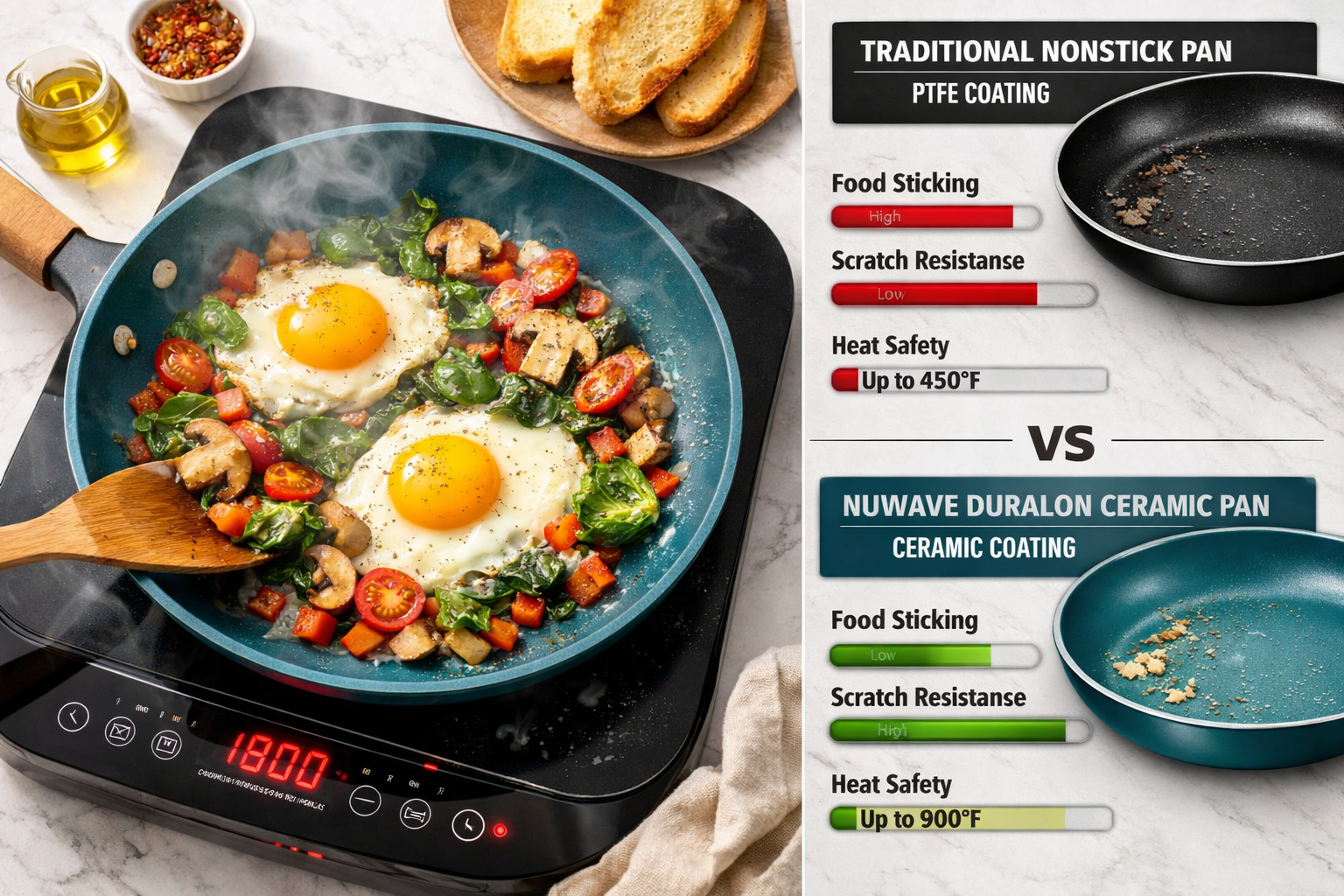 Overhead bird's-eye view landscape format (1536x1024) of a Nuwave ceramic nonstick skillet actively cooking eggs and vegetables on an induction cooktop, steam rising, food sliding effortlessly on the non-stick surface. Side-by-side comparison panel shows traditional PTFE pan versus Nuwave Duralon ceramic surface with performance metrics. Color palette: warm amber cooking tones, teal blue pan interior, bright white kitchen background. Action food photography style, dynamic composition, professional culinary lighting.