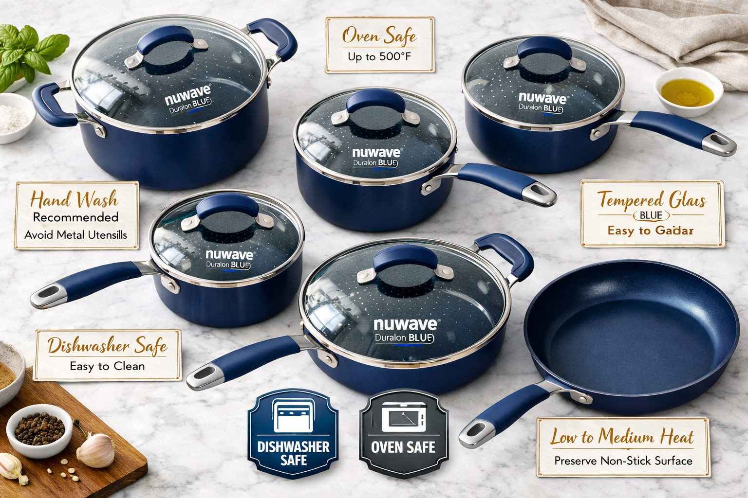 Flat-lay landscape format (1536x1024) showing complete Nuwave Duralon Blue cookware set arranged on a white marble surface from a 45-degree angle, tempered glass lids with flavor dots visible, ergonomic stay-cool handles prominent, dishwasher-safe and oven-safe icons displayed as clean badge graphics. Care and maintenance tips shown as elegant text cards beside each piece. Color scheme: crisp white marble, deep blue cookware, gold typography accents. Lifestyle product photography, aspirational home kitchen aesthetic, soft natural window lighting.