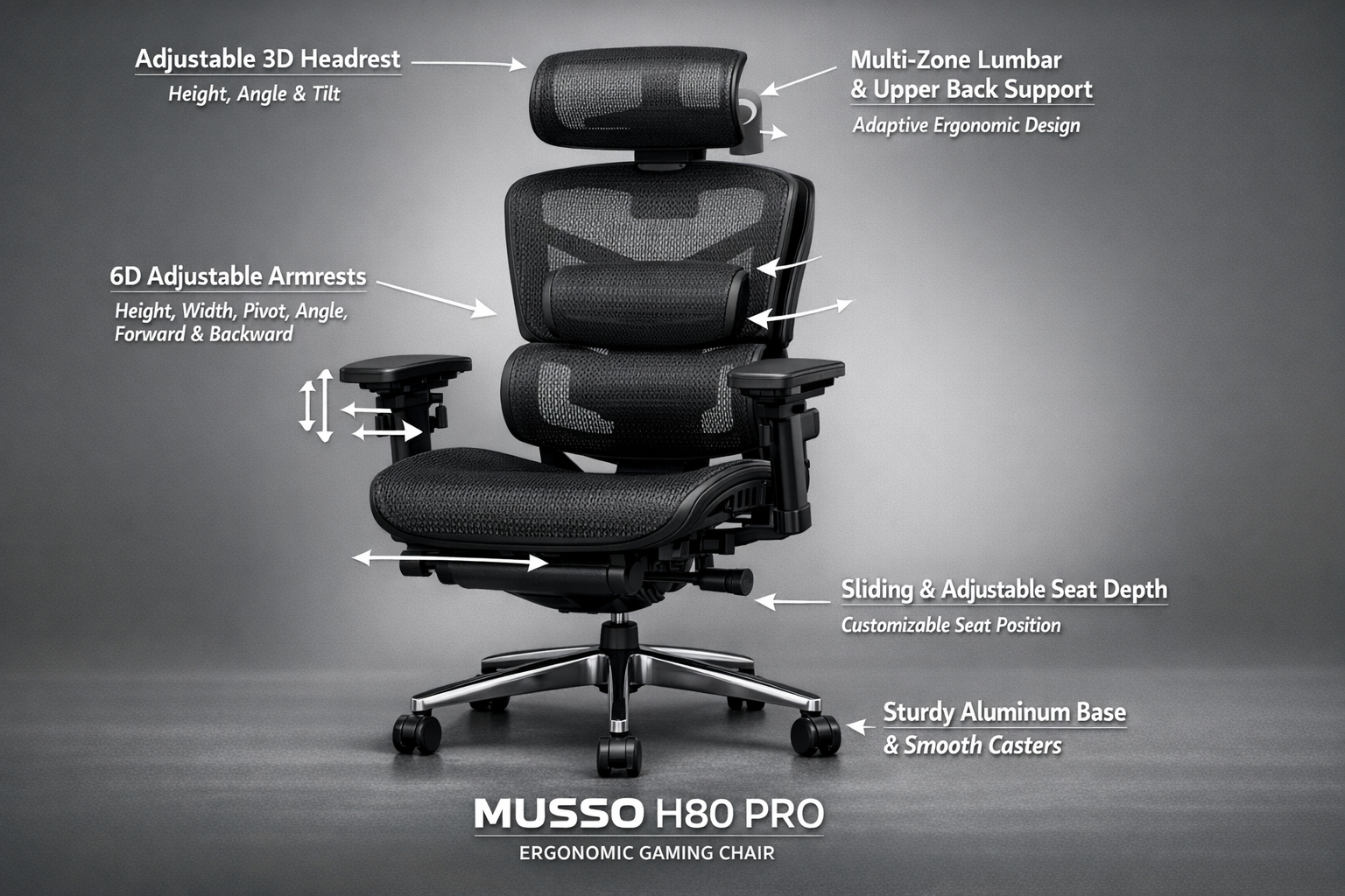 Professional product photography of Musso H80 Pro ergonomic chair showcasing 6D armrests, multi-zone backrest, and 3D headrest with annotati