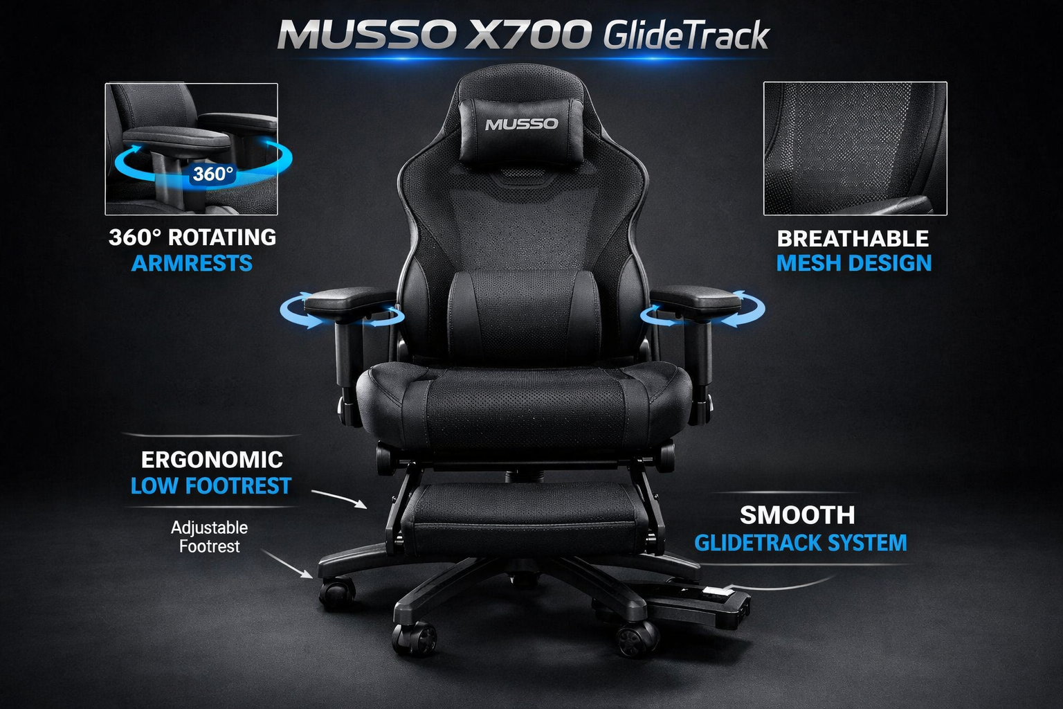 High-quality studio shot of Musso X700 GlideTrack chair demonstrating 360° spinning armrests, mesh construction, and low footrest positionin