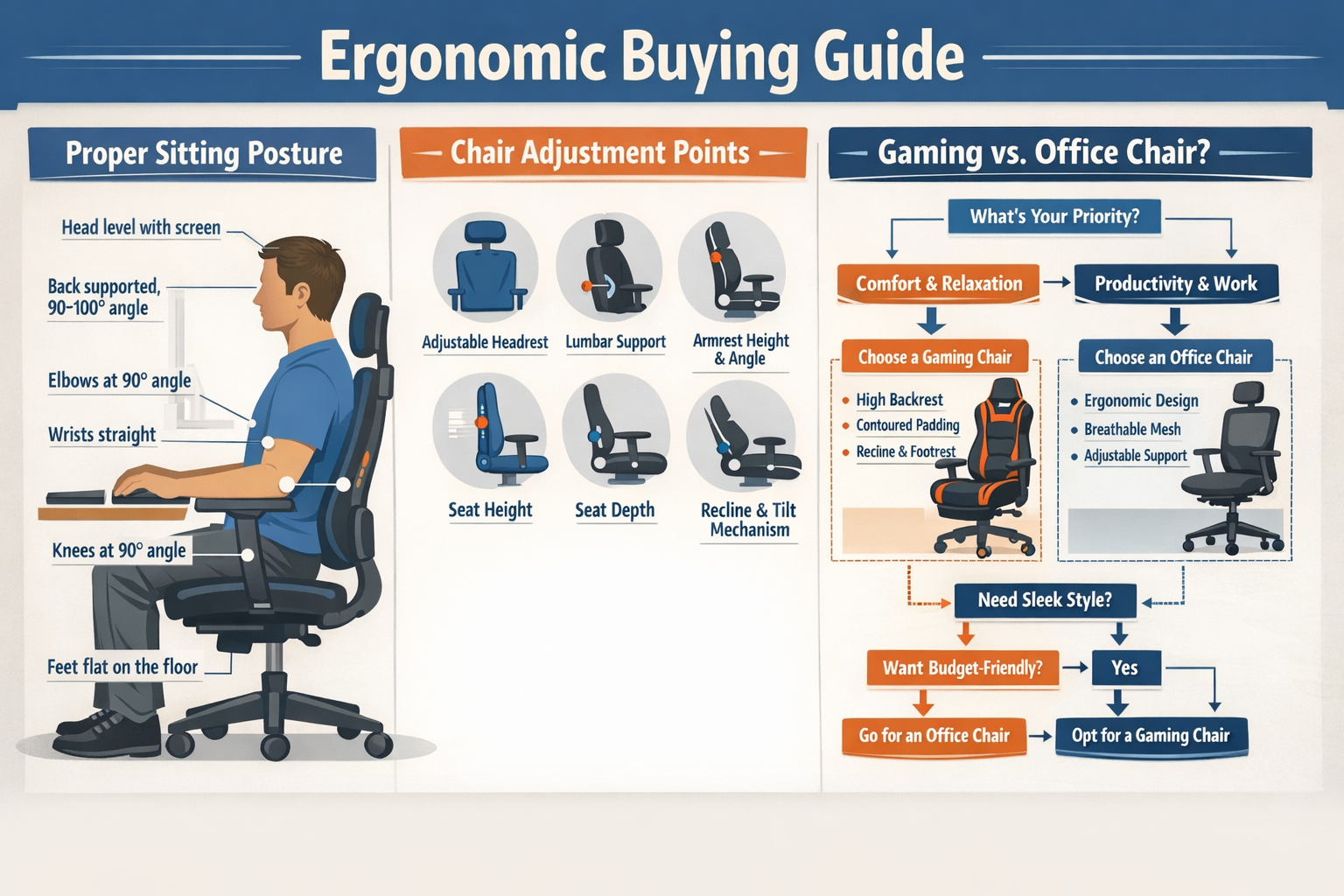 Ergonomic buying guide infographic showing proper sitting posture, key chair adjustment points, and decision-making flowchart for choosing b