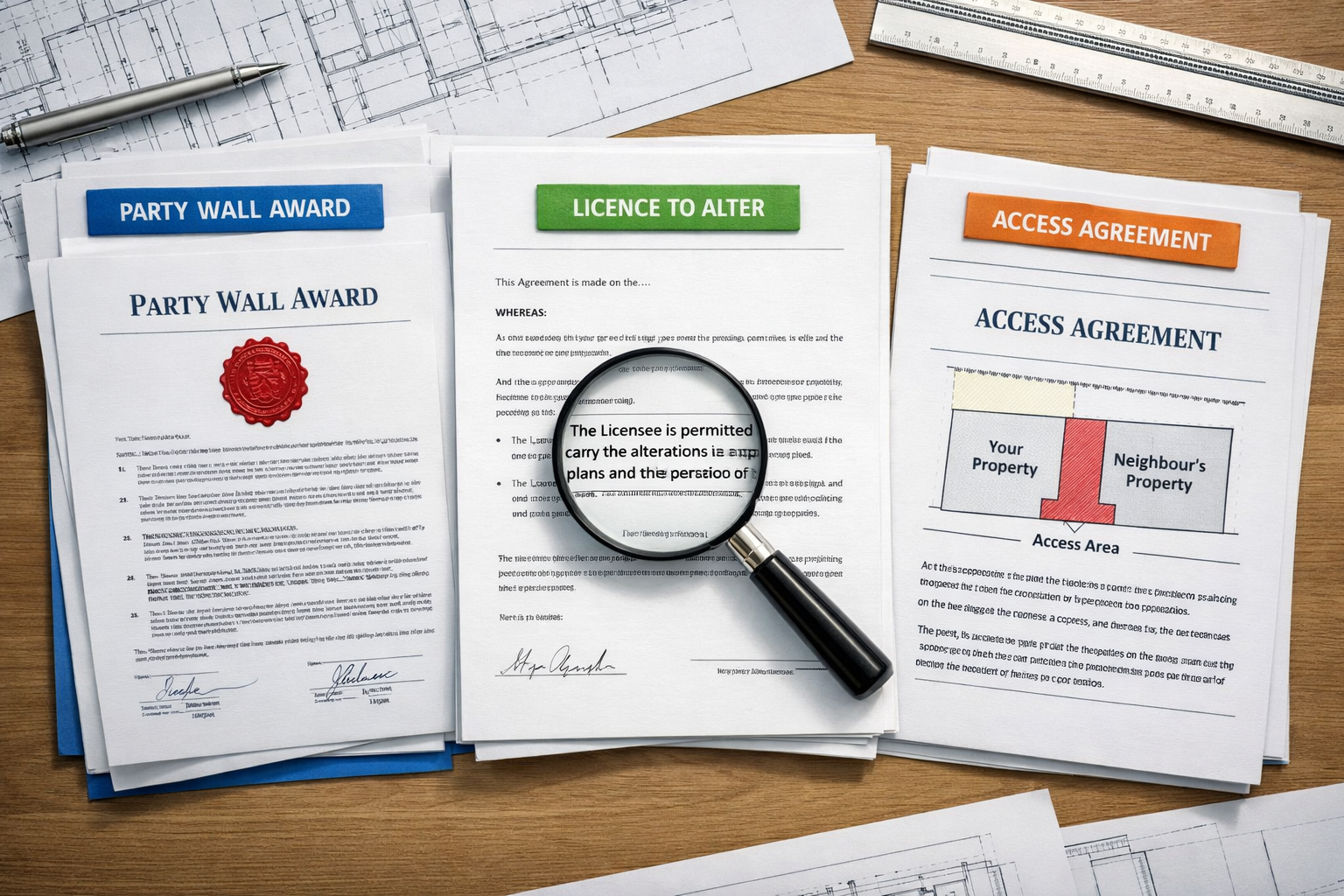 Detailed () editorial image showing close-up of three distinct legal documents laid out on architect's desk: Party Wall