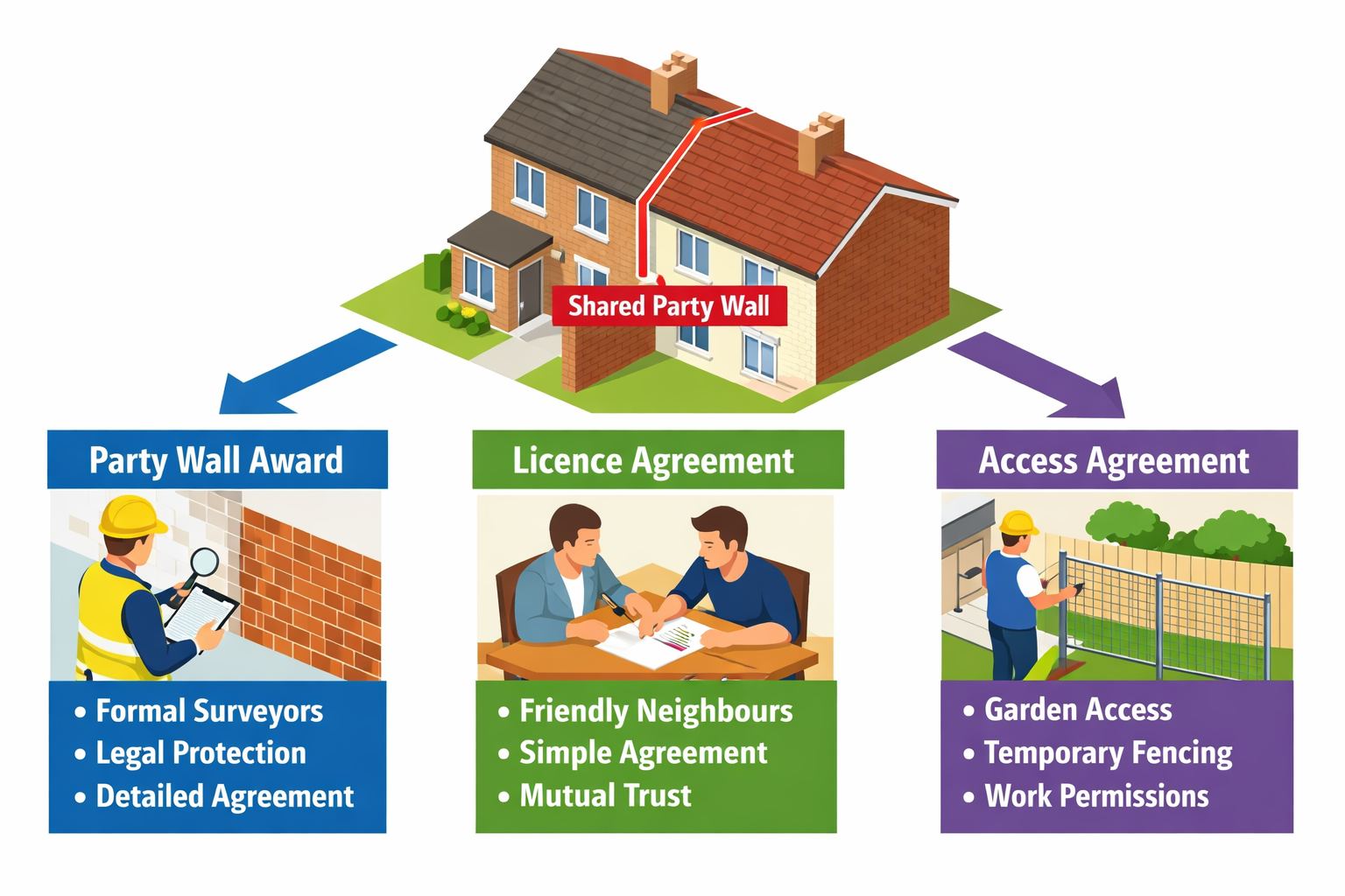 () conceptual illustration depicting decision-making flowchart for boundary works. Central image shows terraced houses with