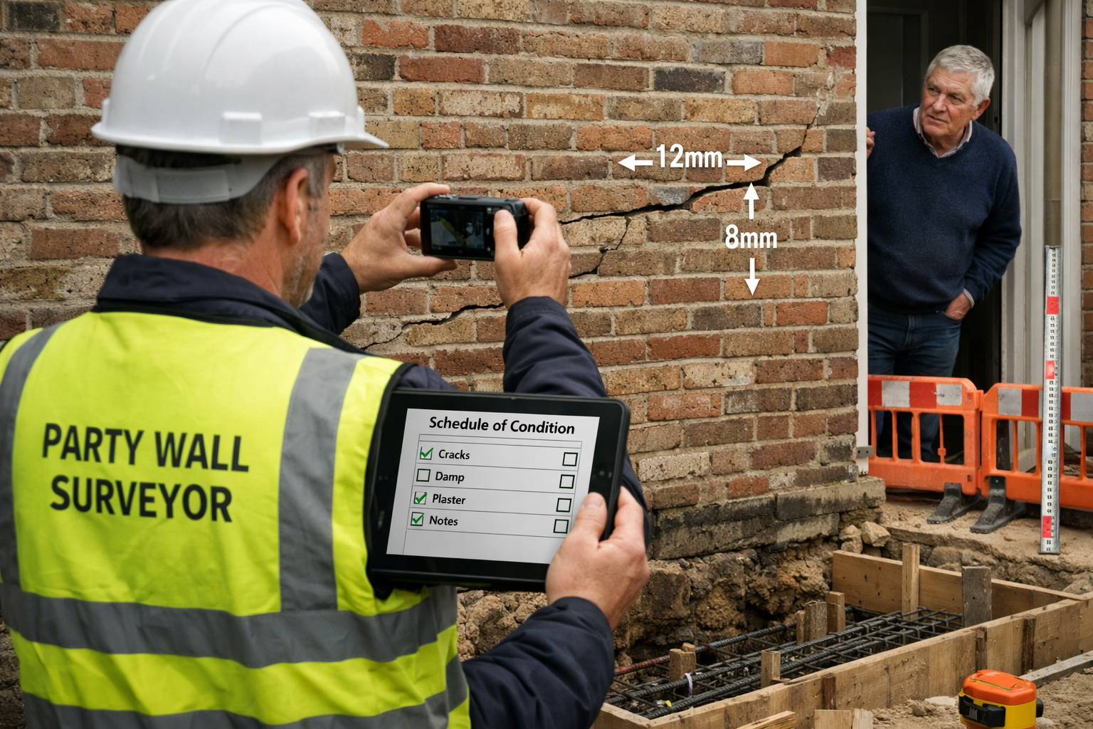 Detailed () photograph showing professional party wall surveyor in high-visibility vest documenting pre-construction