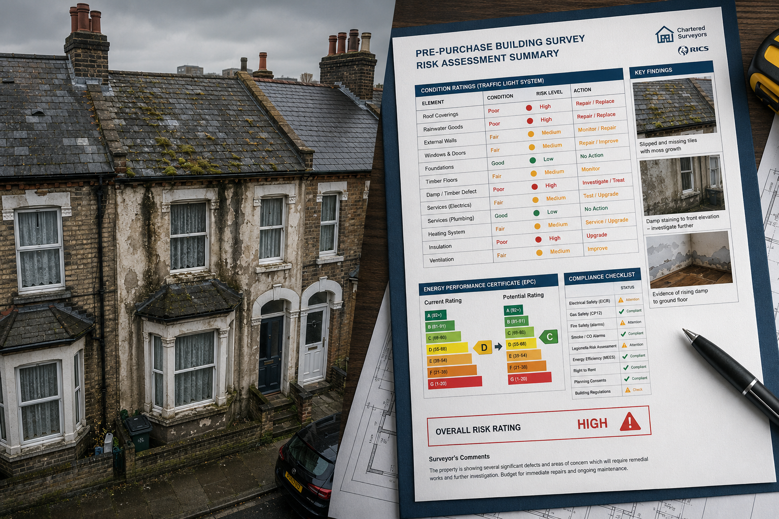 () editorial image showing a split-scene composition: left side features a UK Victorian terraced house with visible damp