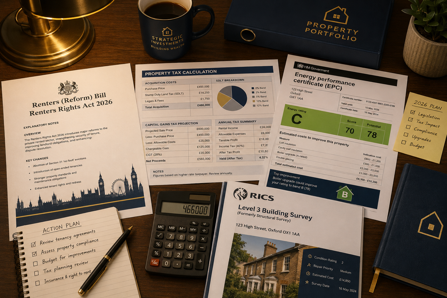 () infographic-style editorial image depicting a UK landlord's financial planning desk scene viewed from above: spread of