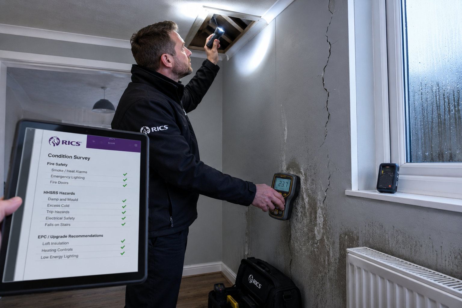 () editorial image showing a professional RICS surveyor conducting a detailed interior inspection of a UK rental property: