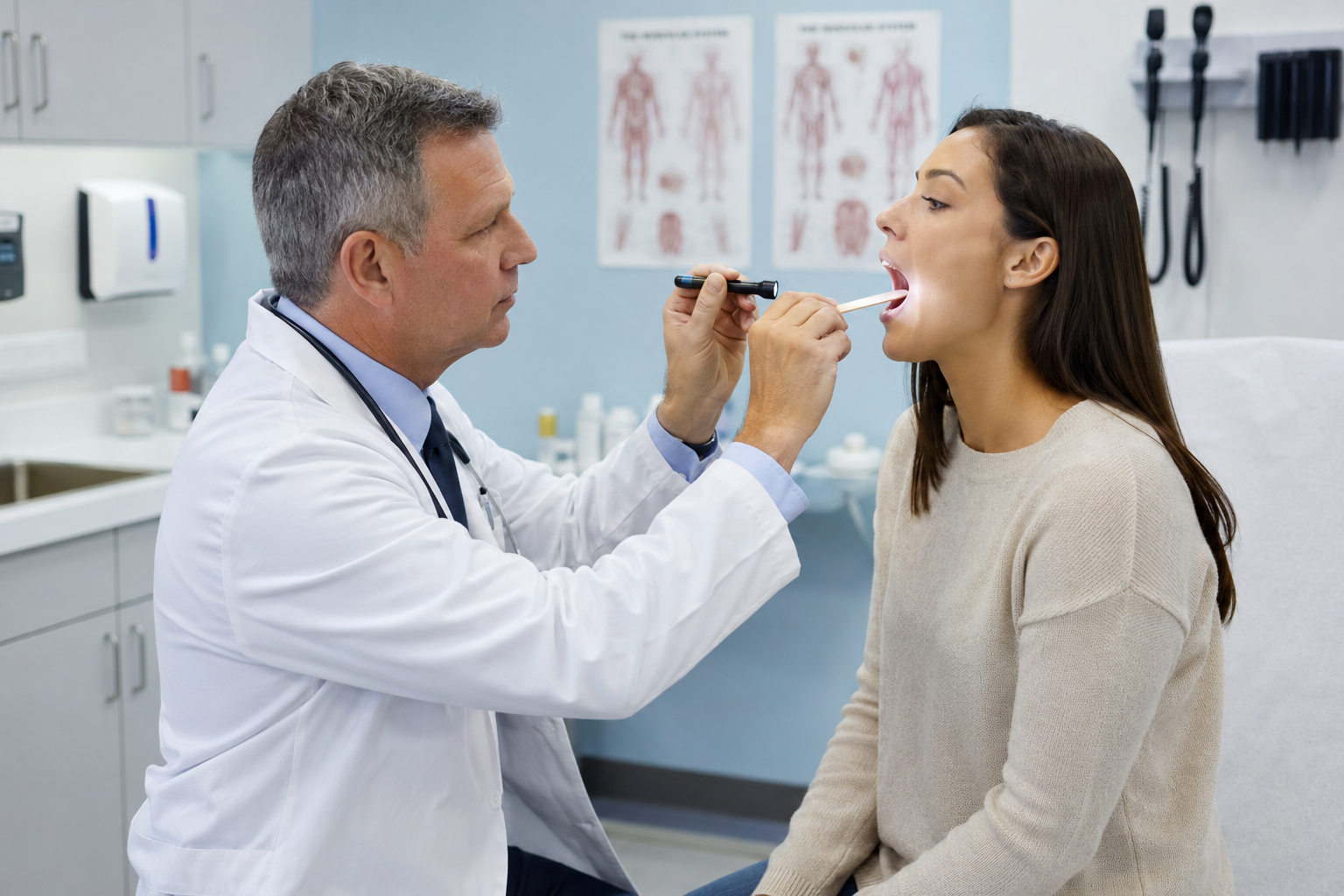 () calm clinical consultation scene showing a physician in a white coat using a tongue depressor and small light to examine