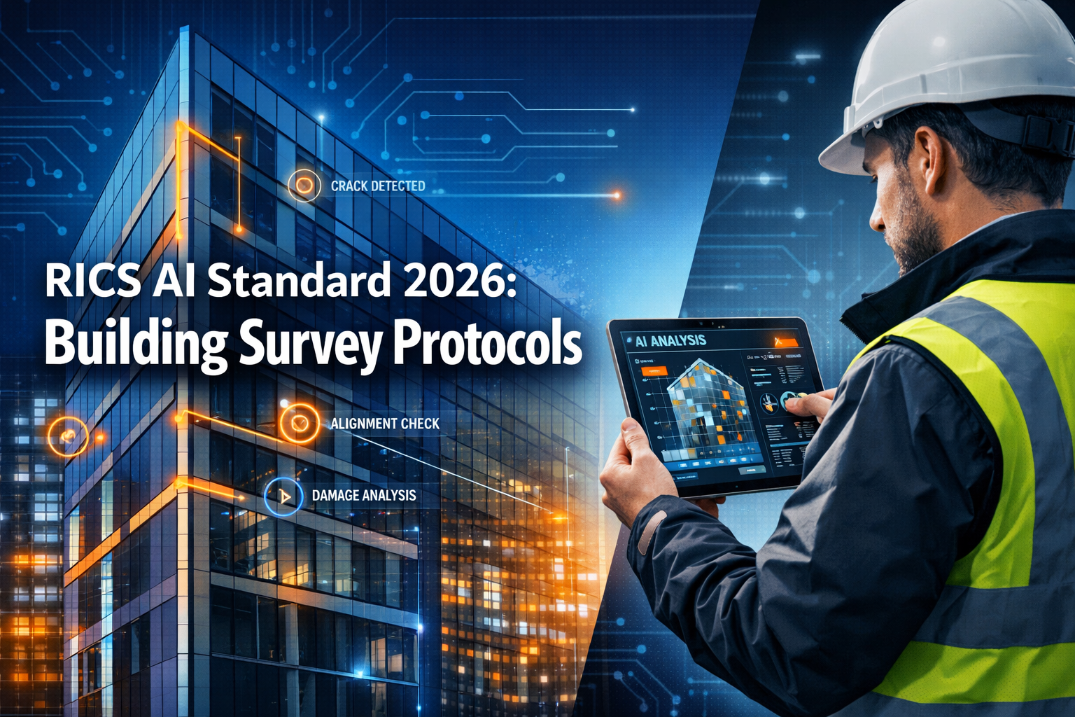 Professional () hero image featuring 'RICS AI Standard 2026: Building Survey Protocols' in extra large white with dark ,