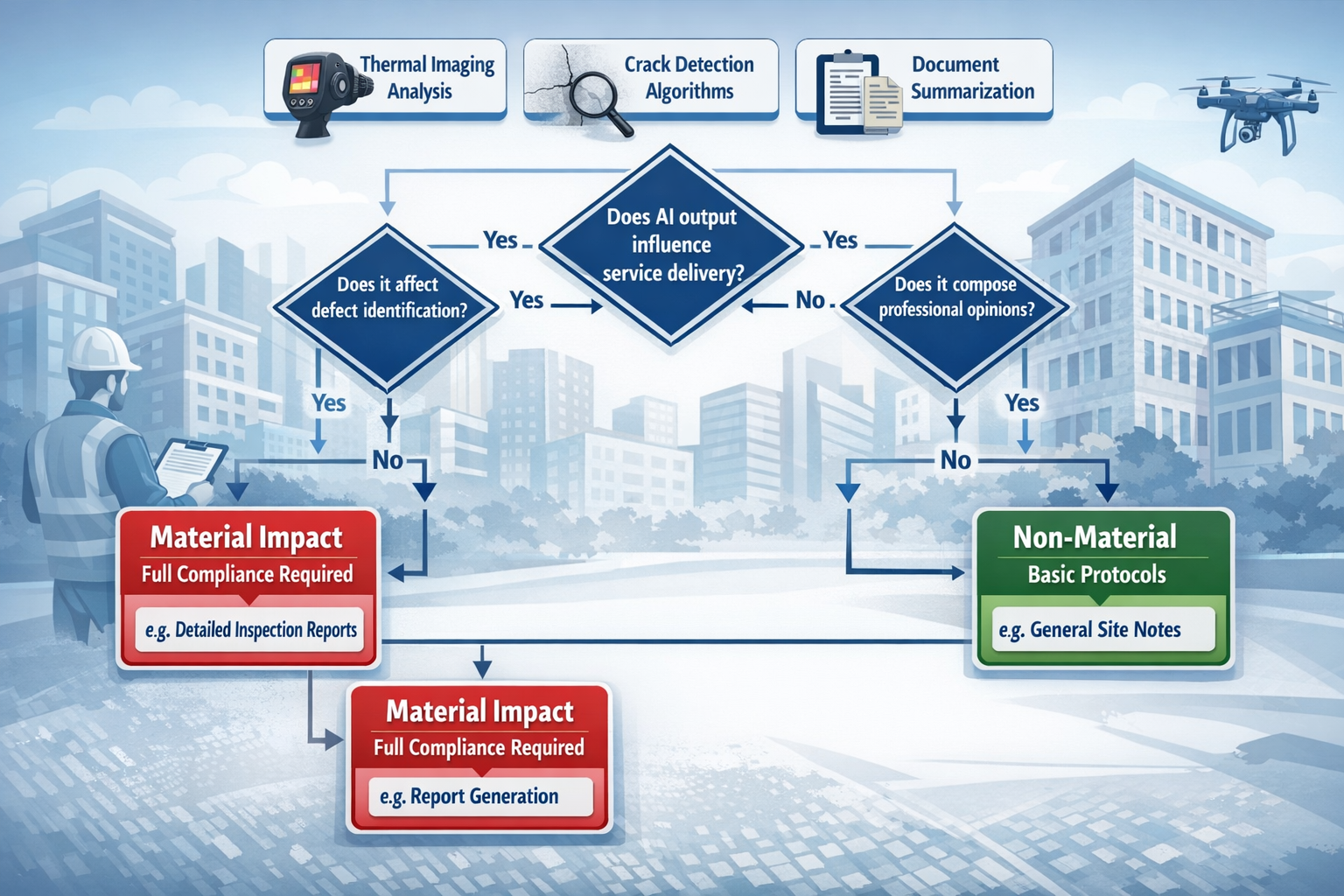 () detailed workflow diagram showing the material impact determination process for AI in building surveys. Central decision