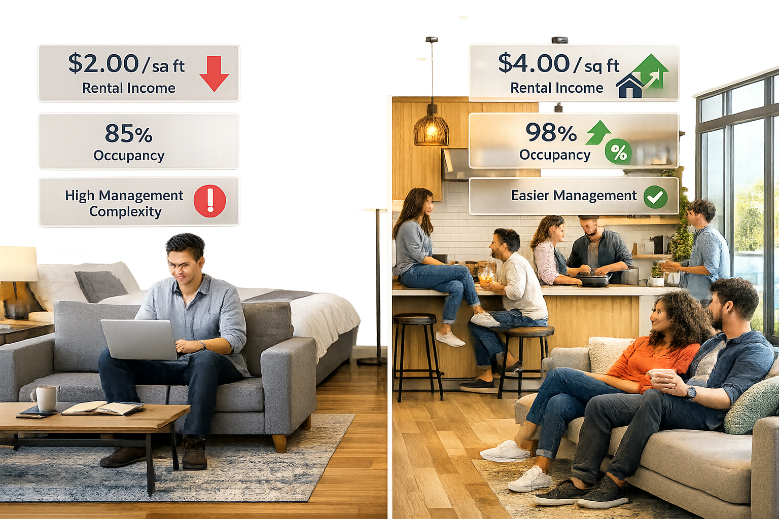 () editorial image showing split-screen comparison: left side displays traditional rental apartment with single tenant,
