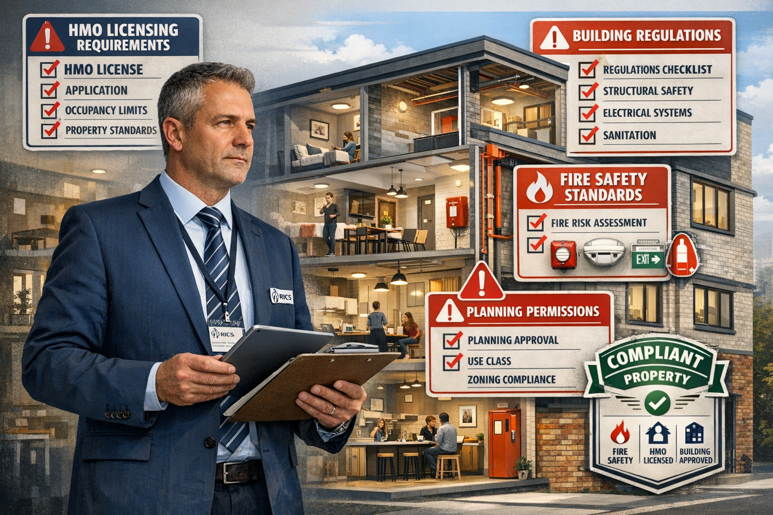 () detailed infographic-style image featuring RICS professional surveyor in business attire examining co-living property