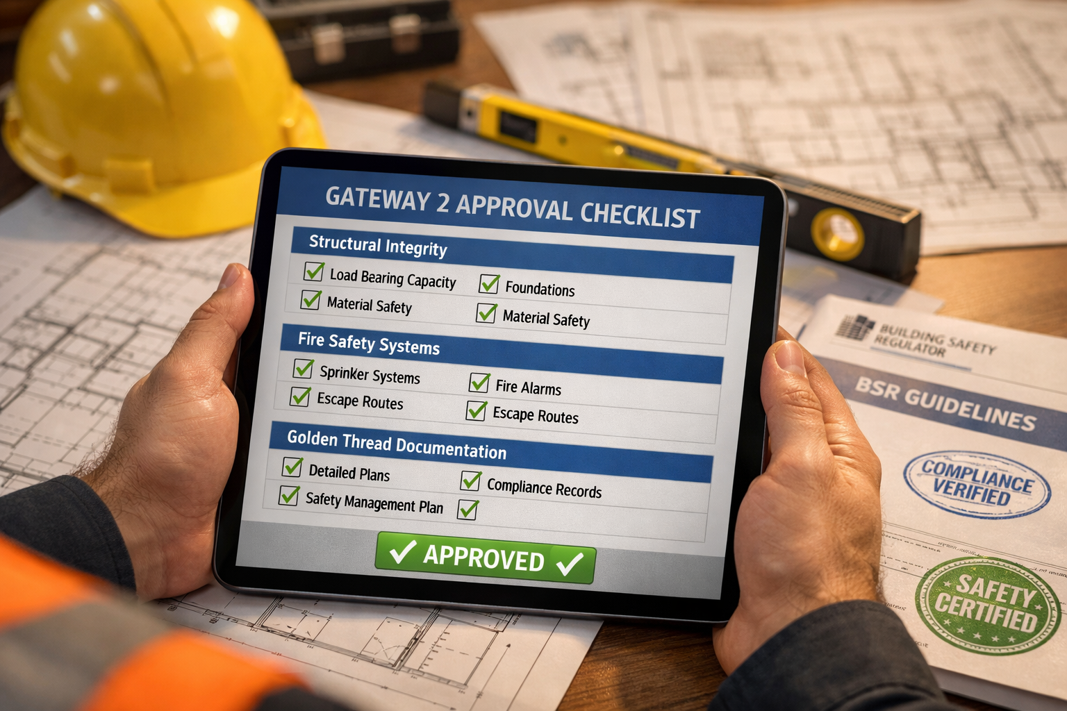 Detailed () editorial image showing close-up of professional building surveyor's hands holding digital tablet displaying