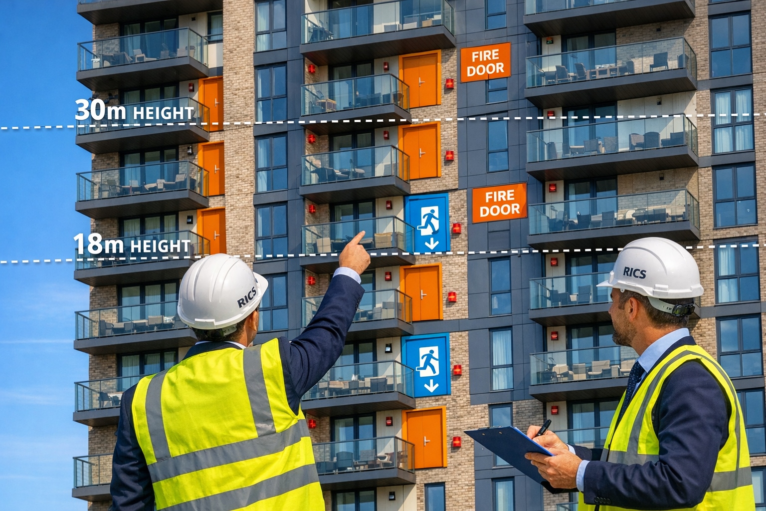 Detailed () professional photograph of modern high-rise residential building facade showing multiple floors with balconies