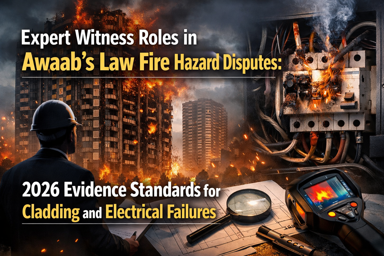 Professional landscape hero image () with : "Expert Witness Roles in Awaab's Law Fire Hazard Disputes: 2026 Evidence