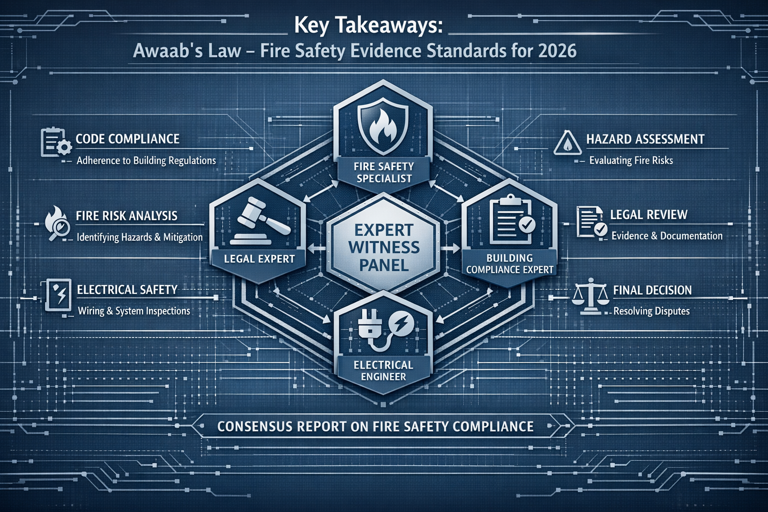 Key Takeaways section infographic visualizing Awaab's Law fire safety evidence standards for 2026, featuring a central