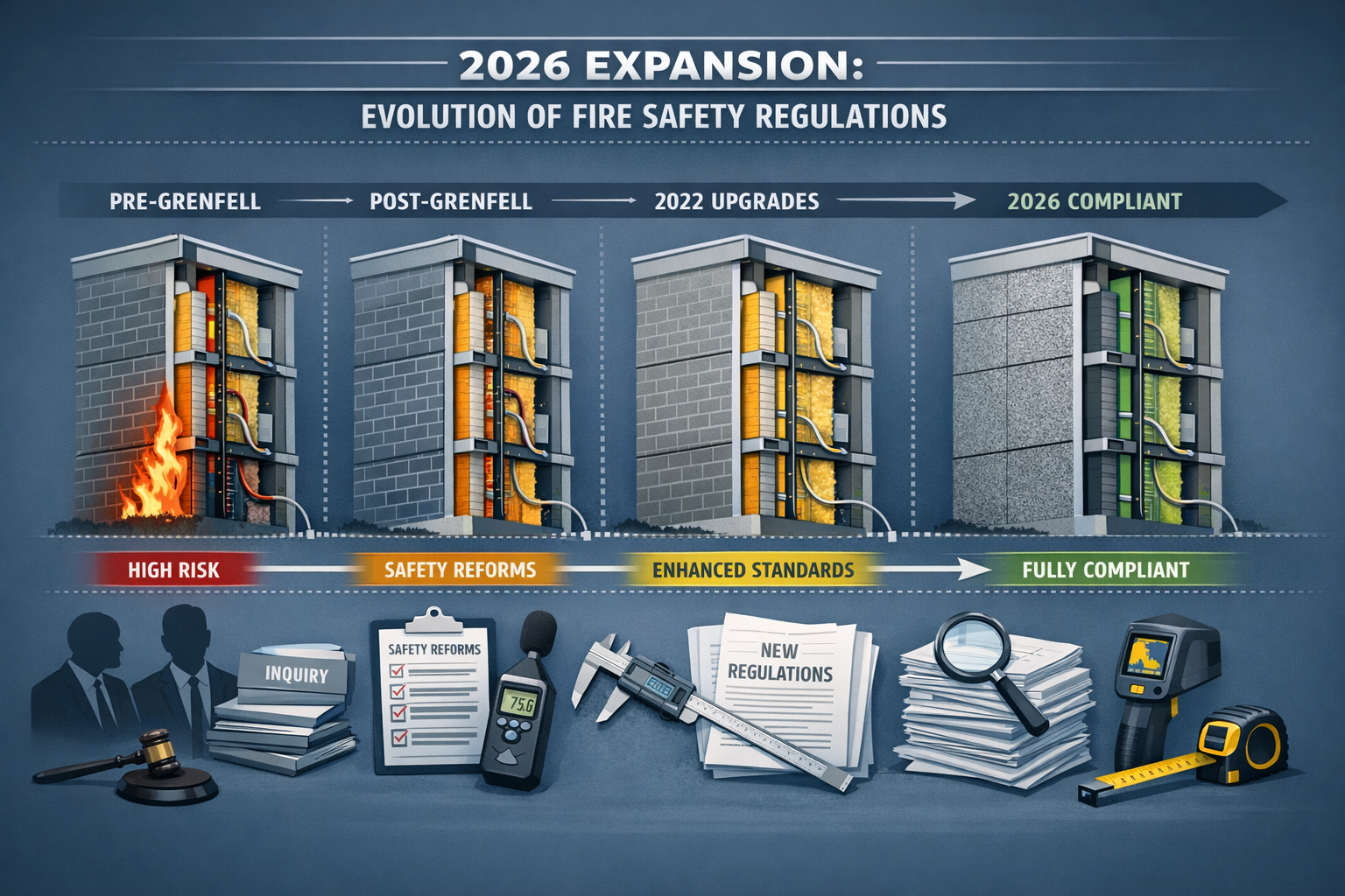 2026 Expansion section visual timeline illustrating regulatory changes in fire safety standards, featuring a horizontal