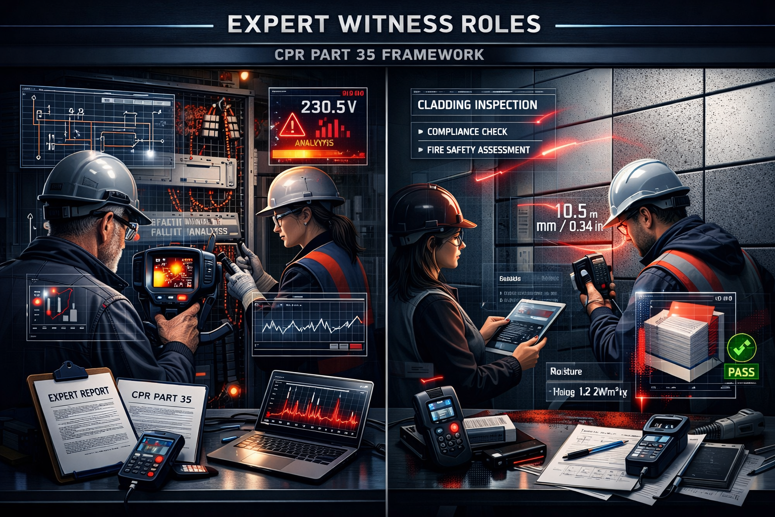 Expert Witness Roles section technical composition depicting the CPR Part 35 Framework, showcasing a complex architectural