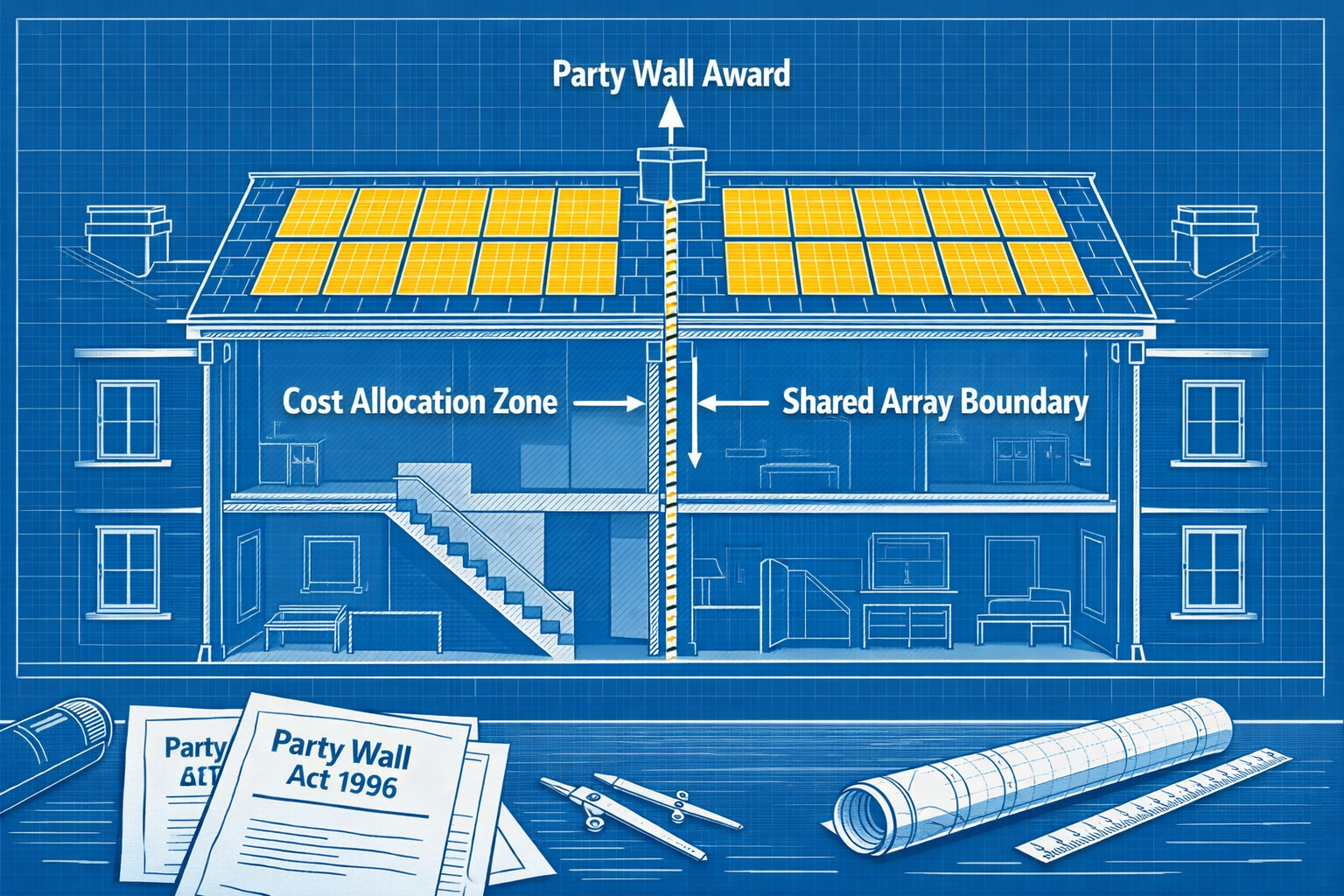 Detailed () infographic-style illustration showing a cross-section diagram of two adjoining UK terraced properties with a