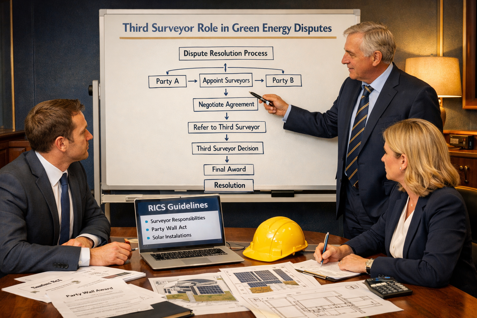 () scene depicting three professional surveyors in a formal meeting room around a table covered with party wall award