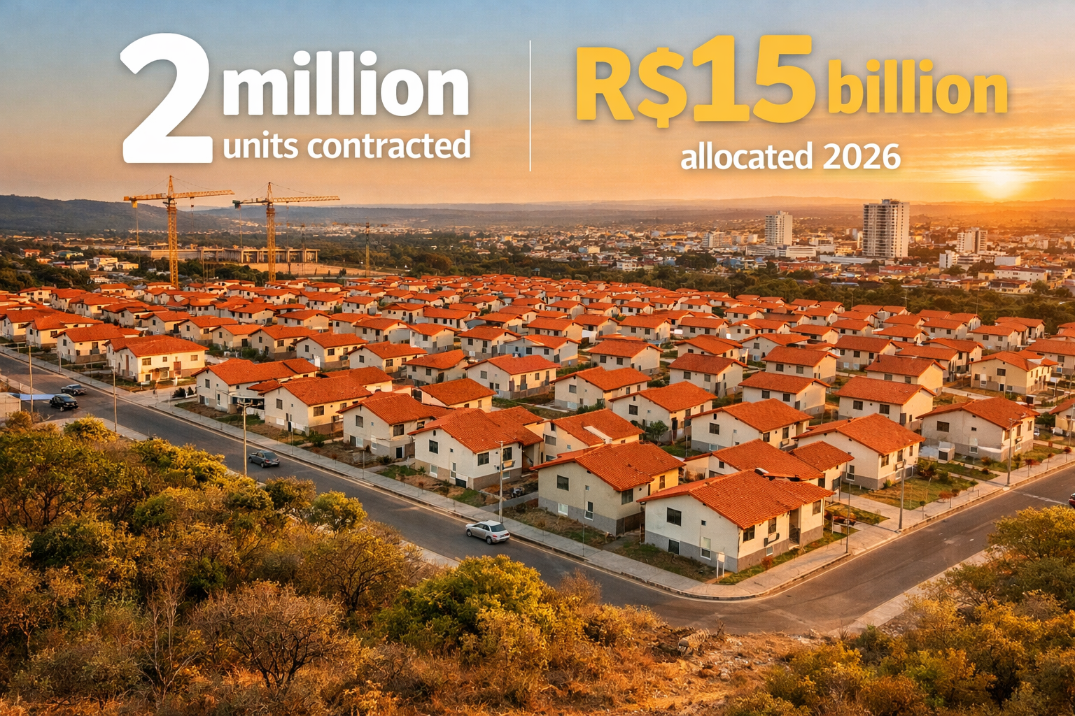 Wide-angle aerial photograph of a secondary Brazilian city in inland Bahia state showing rows of newly completed MCMV
