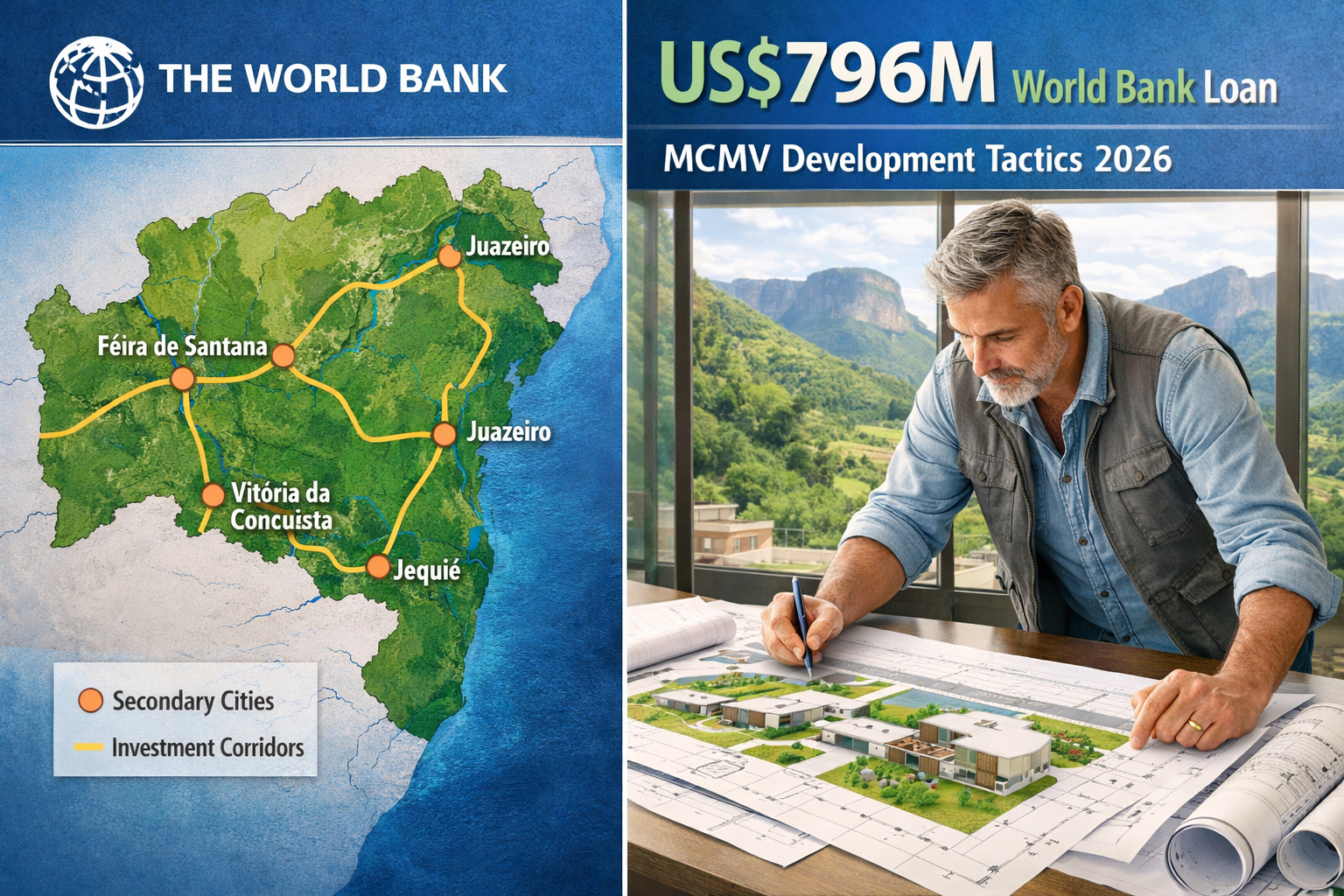 Split-composition infographic-style image: left side shows World Bank logo and infrastructure map of Bahia state with