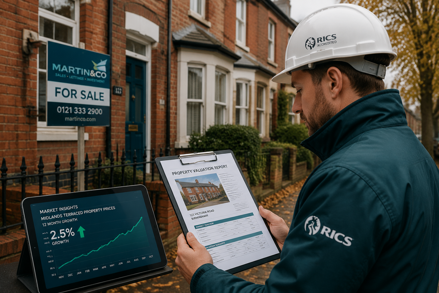 Detailed () showing a professional RICS-accredited surveyor in a hard hat reviewing property valuation documents on a
