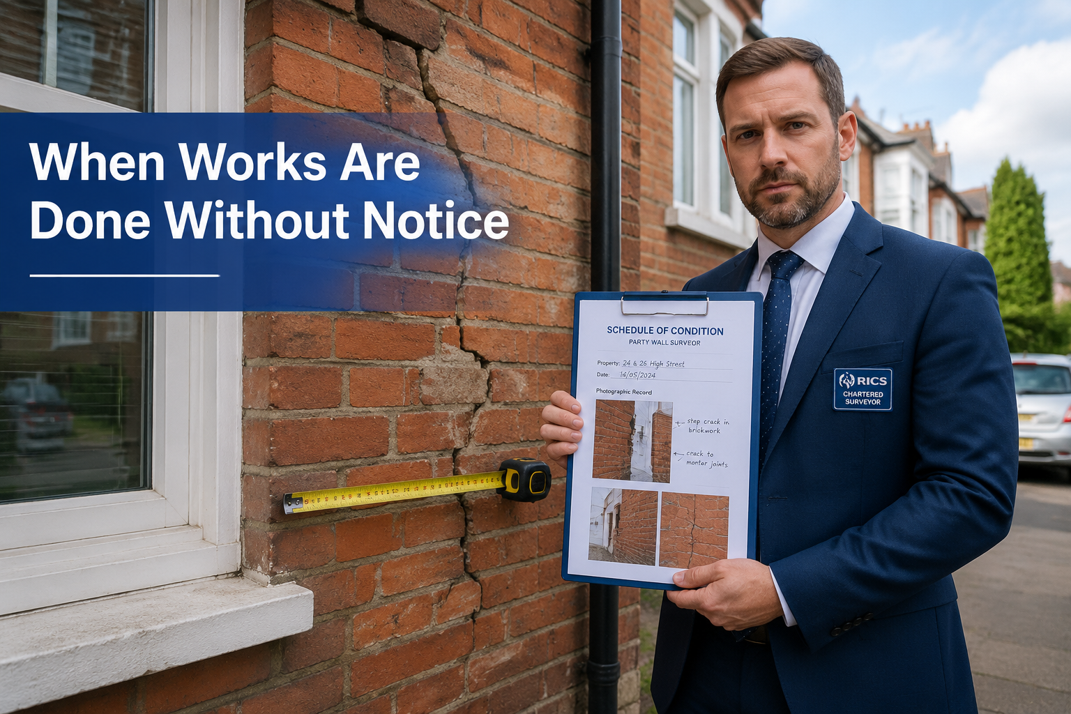 Wide-angle editorial photograph of a professional party wall surveyor in formal attire standing beside a damaged brick wall
