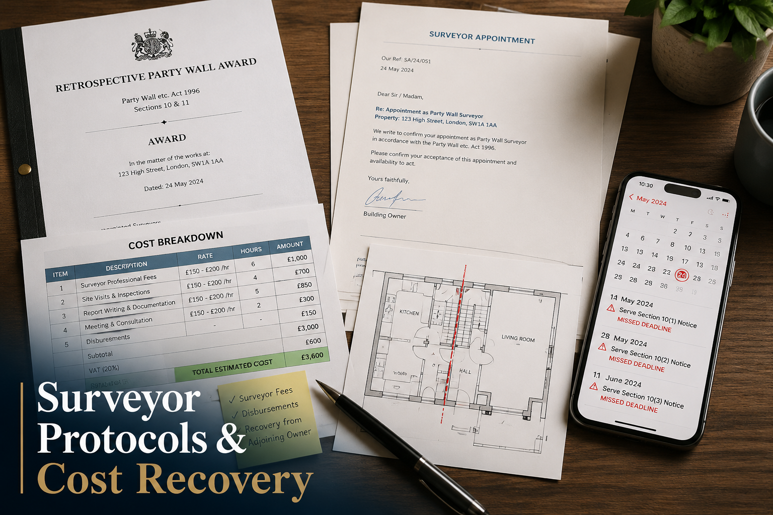 Overhead flat-lay composition on a wooden desk showing a retrospective party wall award legal document, surveyor appointment