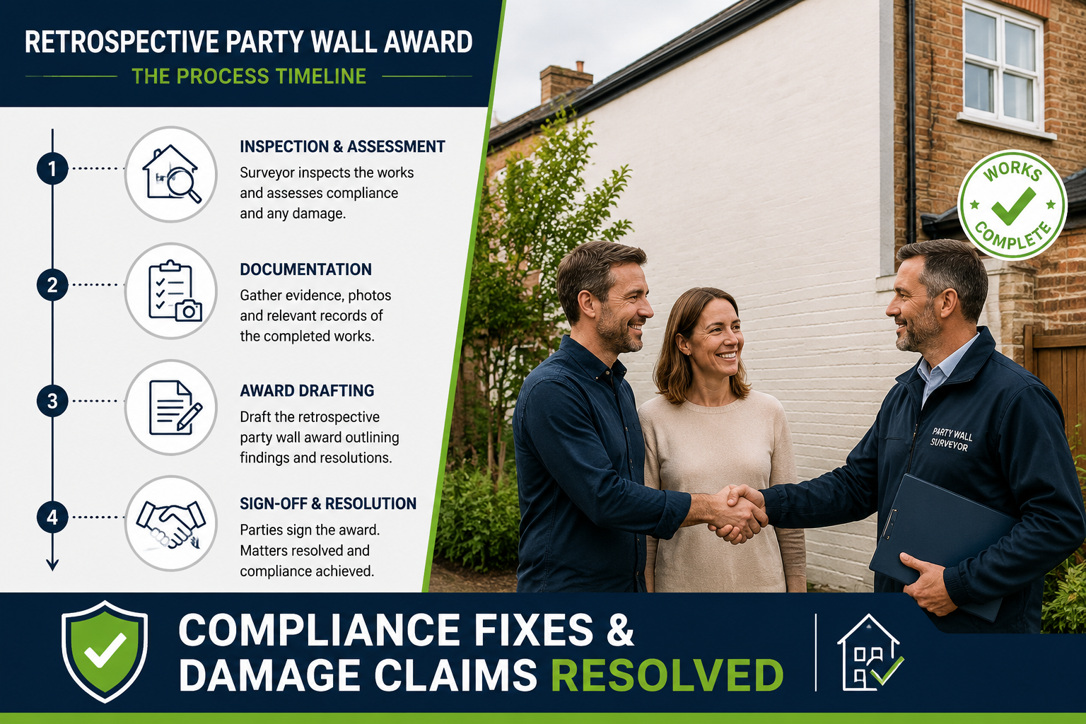 Split-panel infographic-style editorial image: left panel shows a timeline flowchart of retrospective party wall award steps