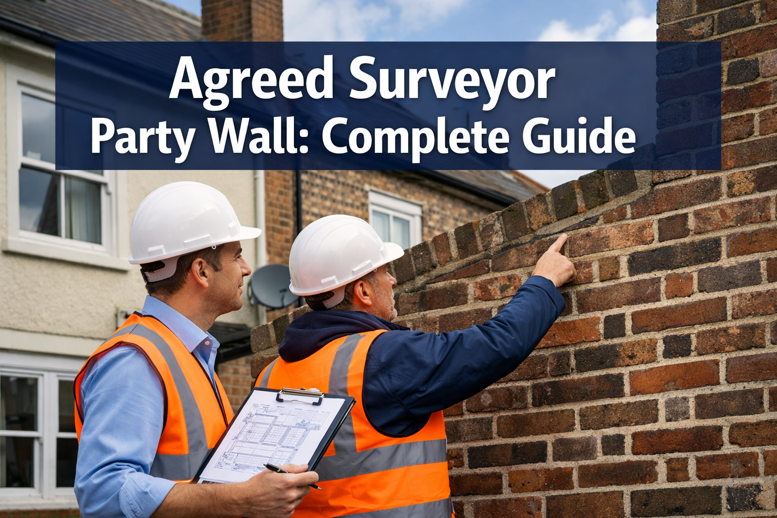 Professional landscape hero image (1536x1024) featuring bold text overlay 'Agreed Surveyor Party Wall: Complete Guide' in extra large 72pt w