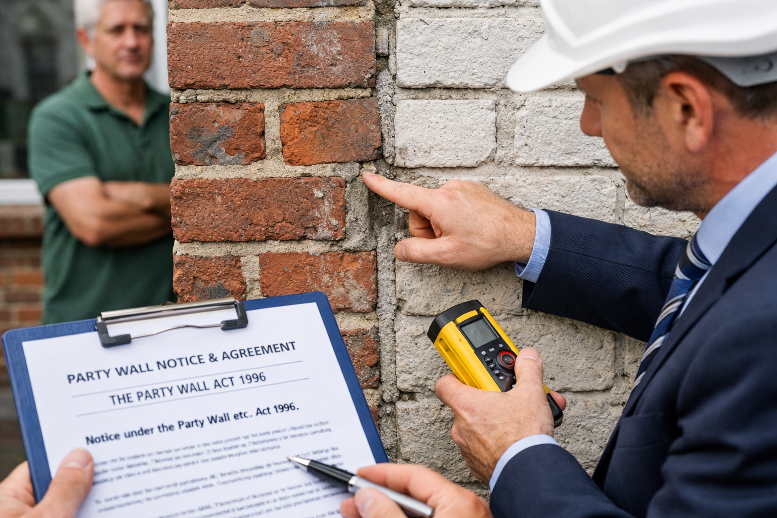 Detailed editorial photograph (1536x1024) showing professional party wall surveyor in business attire and hard hat standing between two neig