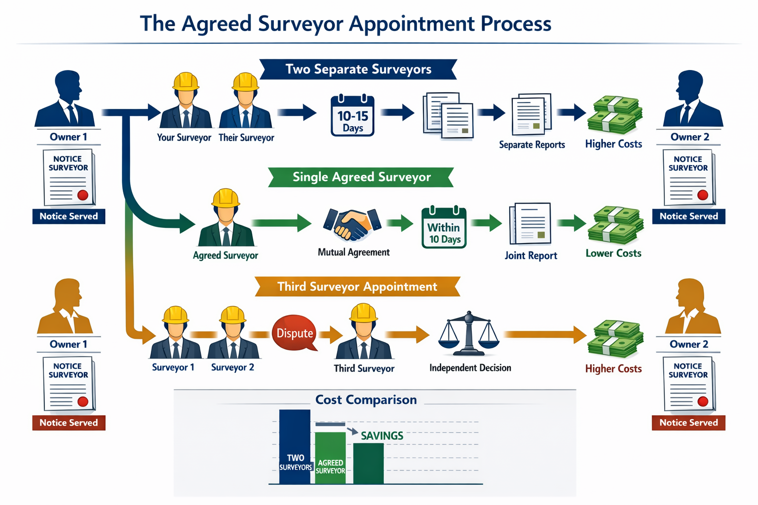 Comprehensive infographic illustration (1536x1024) displaying the agreed surveyor appointment process as a flowable diagram with three disti