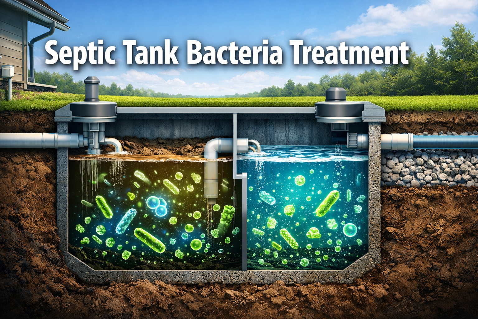 Professional landscape format (1536x1024) hero image featuring bold text overlay 'Septic Tank Bacteria Treatment' in extra large 72pt white 