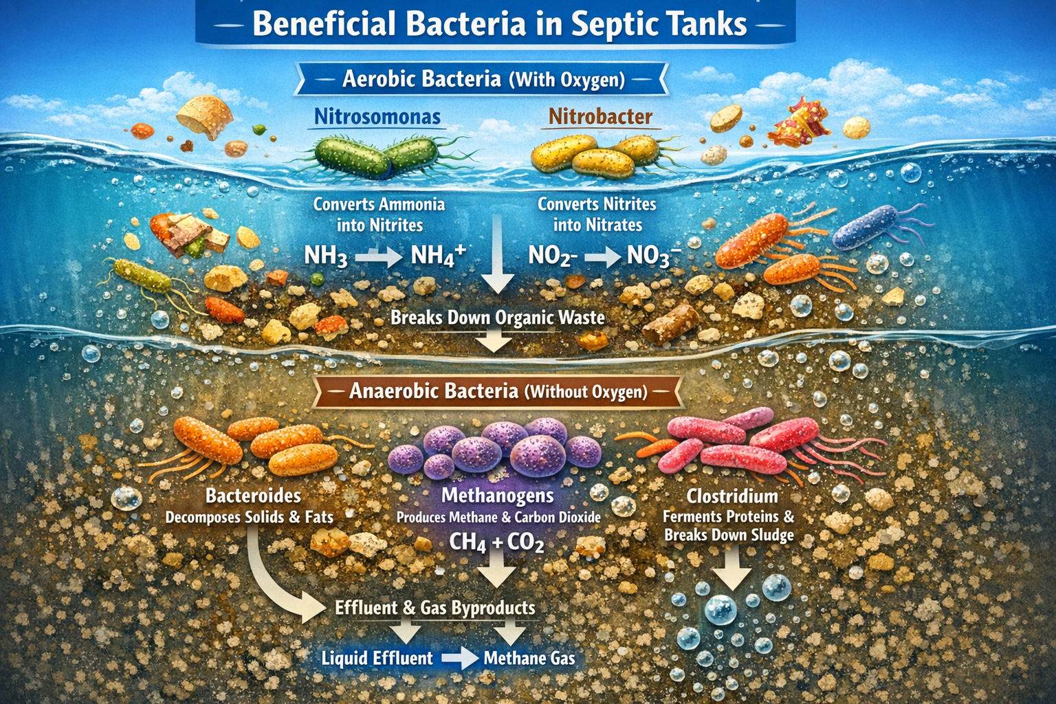 Portrait format (1024x1536) detailed infographic showing beneficial bacteria types in septic tanks - aerobic and anaerobic bacteria illustra