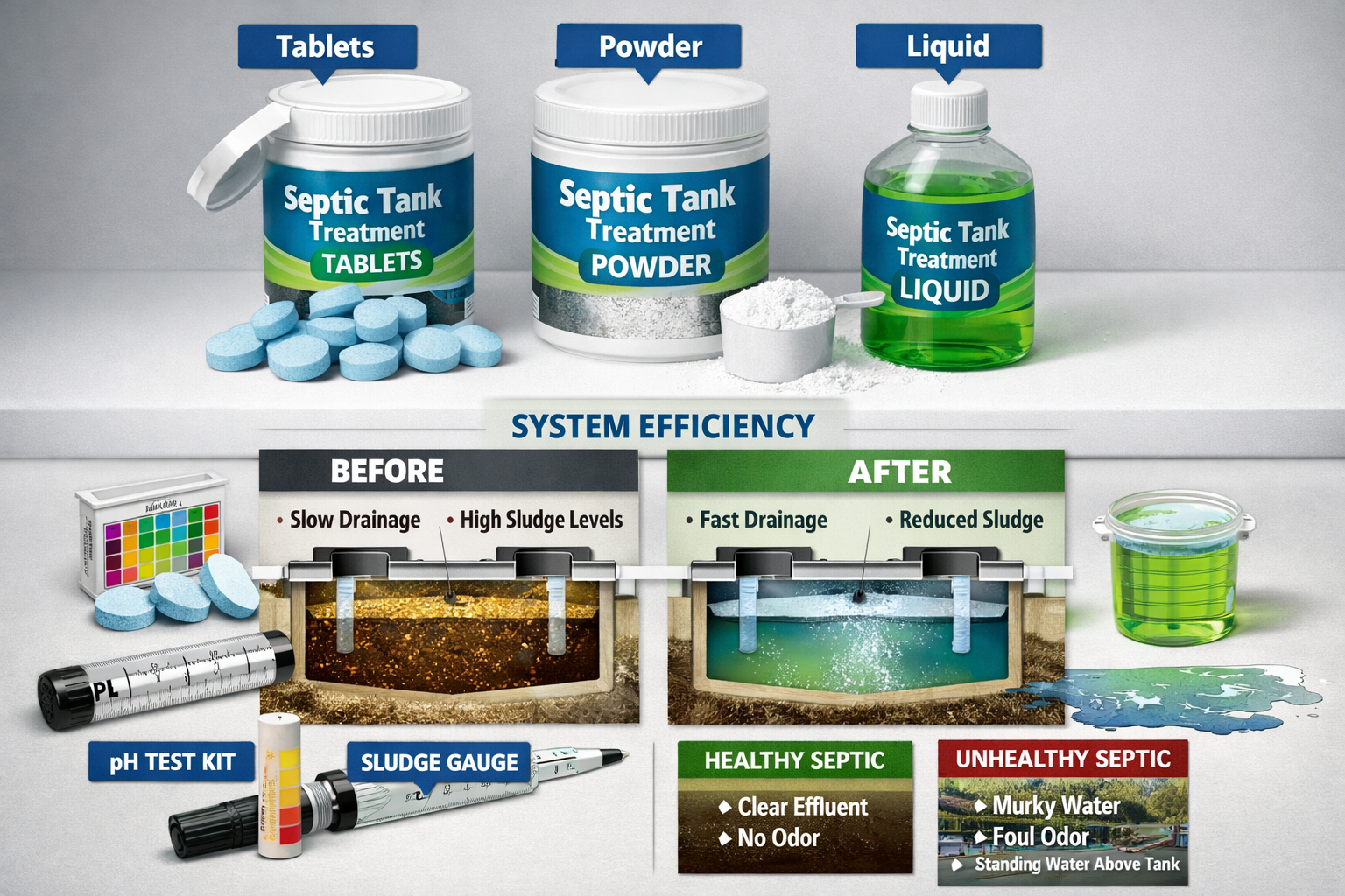 Portrait format (1024x1536) visual guide showing septic tank bacteria treatment products - tablets, powders, and liquid treatments arranged 