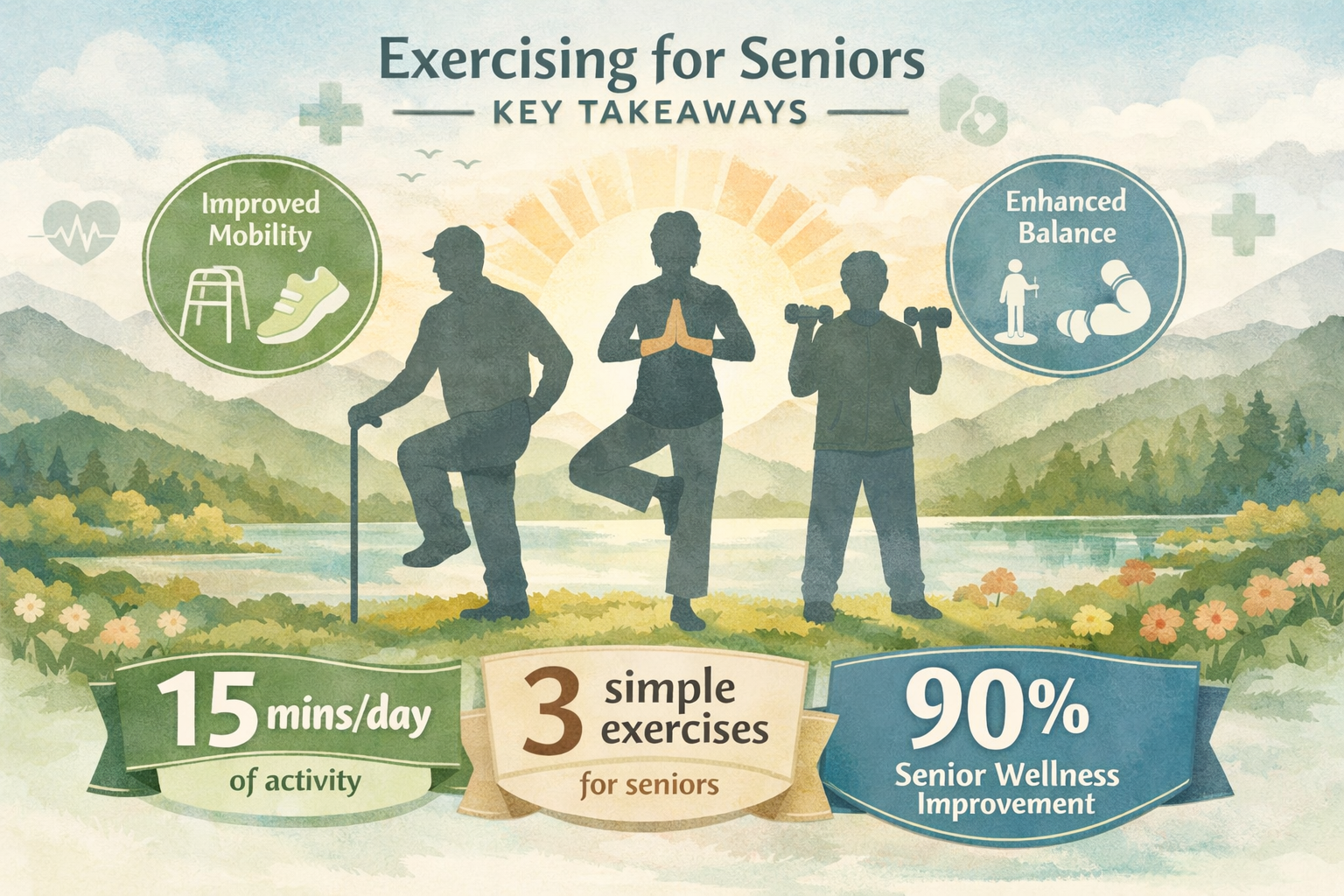 Key takeaways infographic for exercising for seniors, featuring a vibrant landscape design with soft pastel colors. Central illustration sho