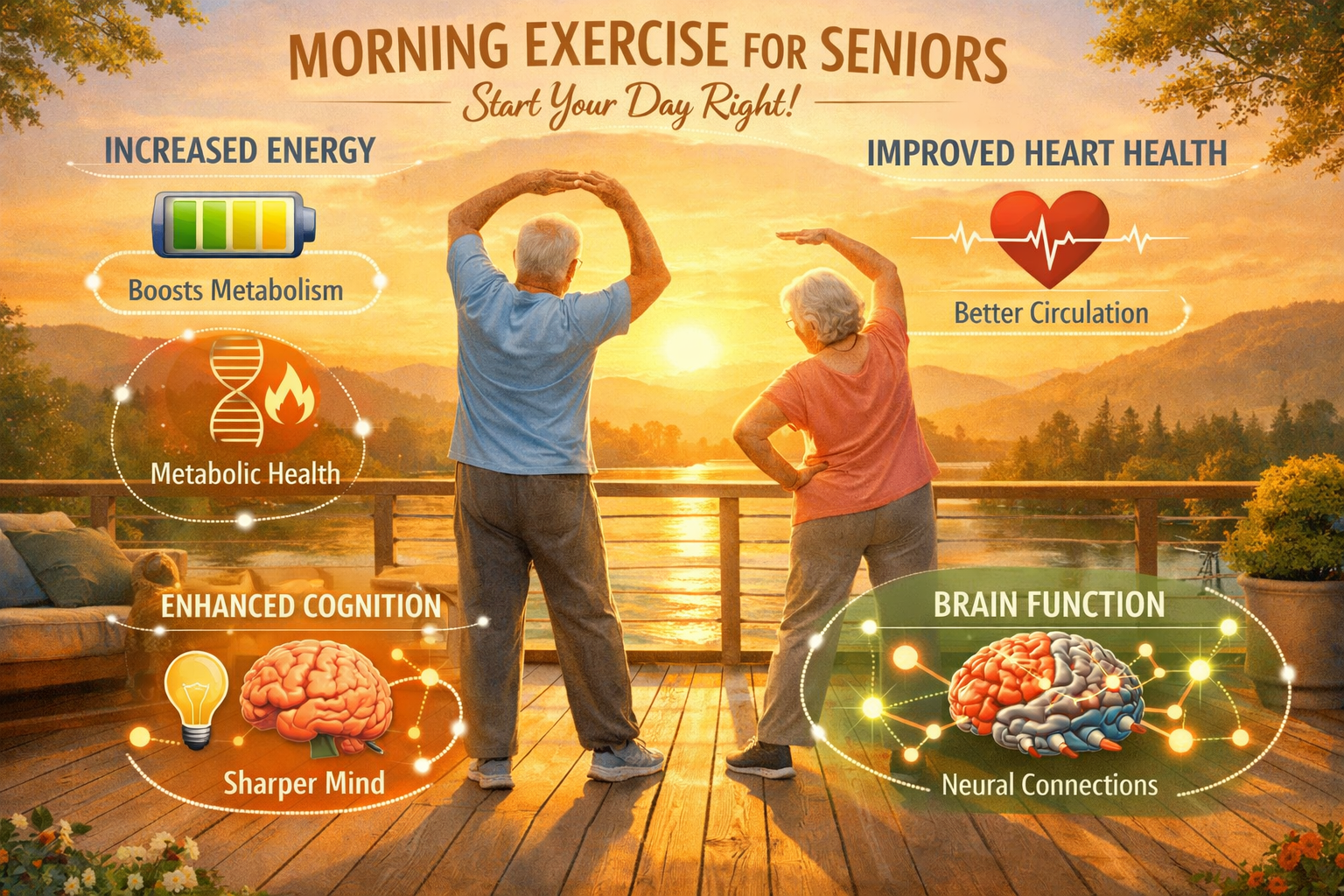 Morning exercise importance visualization for seniors, depicting a serene sunrise landscape with an elderly couple performing gentle stretch