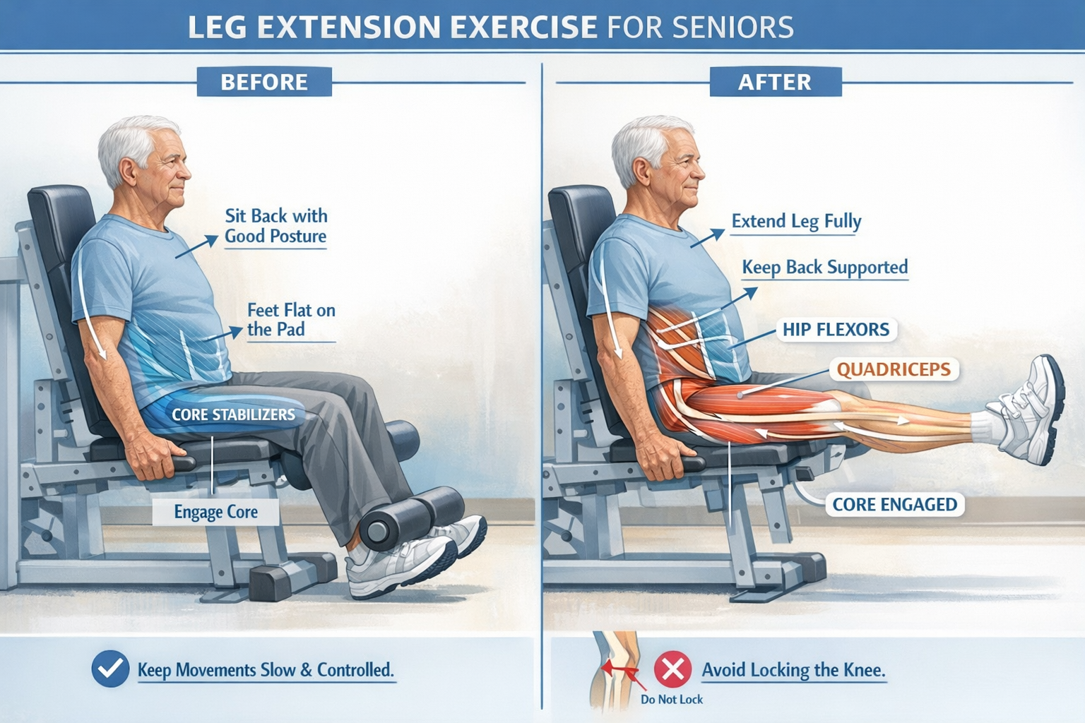 Seated leg extension exercise illustration for seniors, showing a detailed anatomical diagram of muscle engagement during the movement. Elde