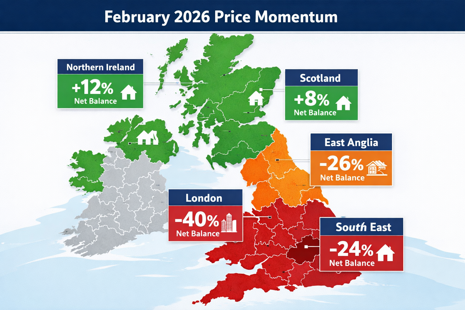 Detailed () editorial image showing UK regional map with color-coded heat zones representing February 2026 price momentum: