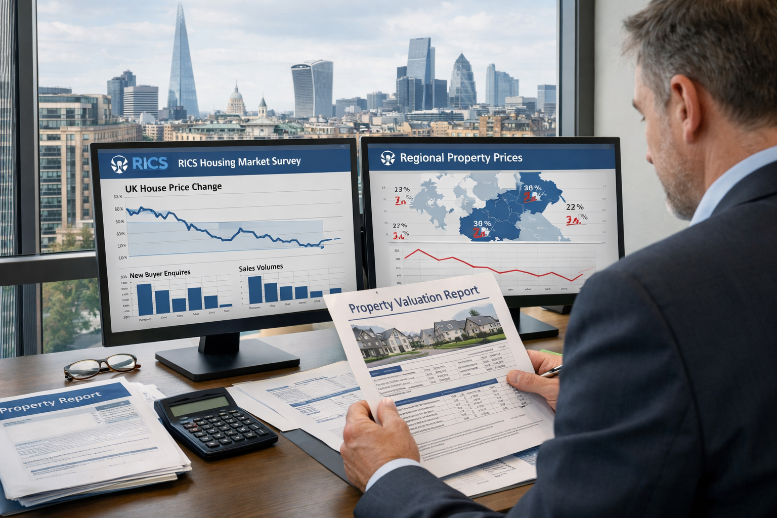 Detailed () professional photograph of chartered surveyor reviewing property valuation documents at modern desk with dual