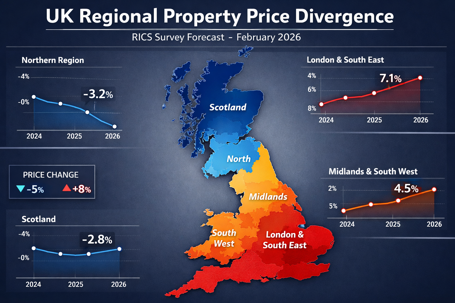 Detailed editorial-style infographic visualizing UK regional property price divergence from the February 2026 RICS Survey,