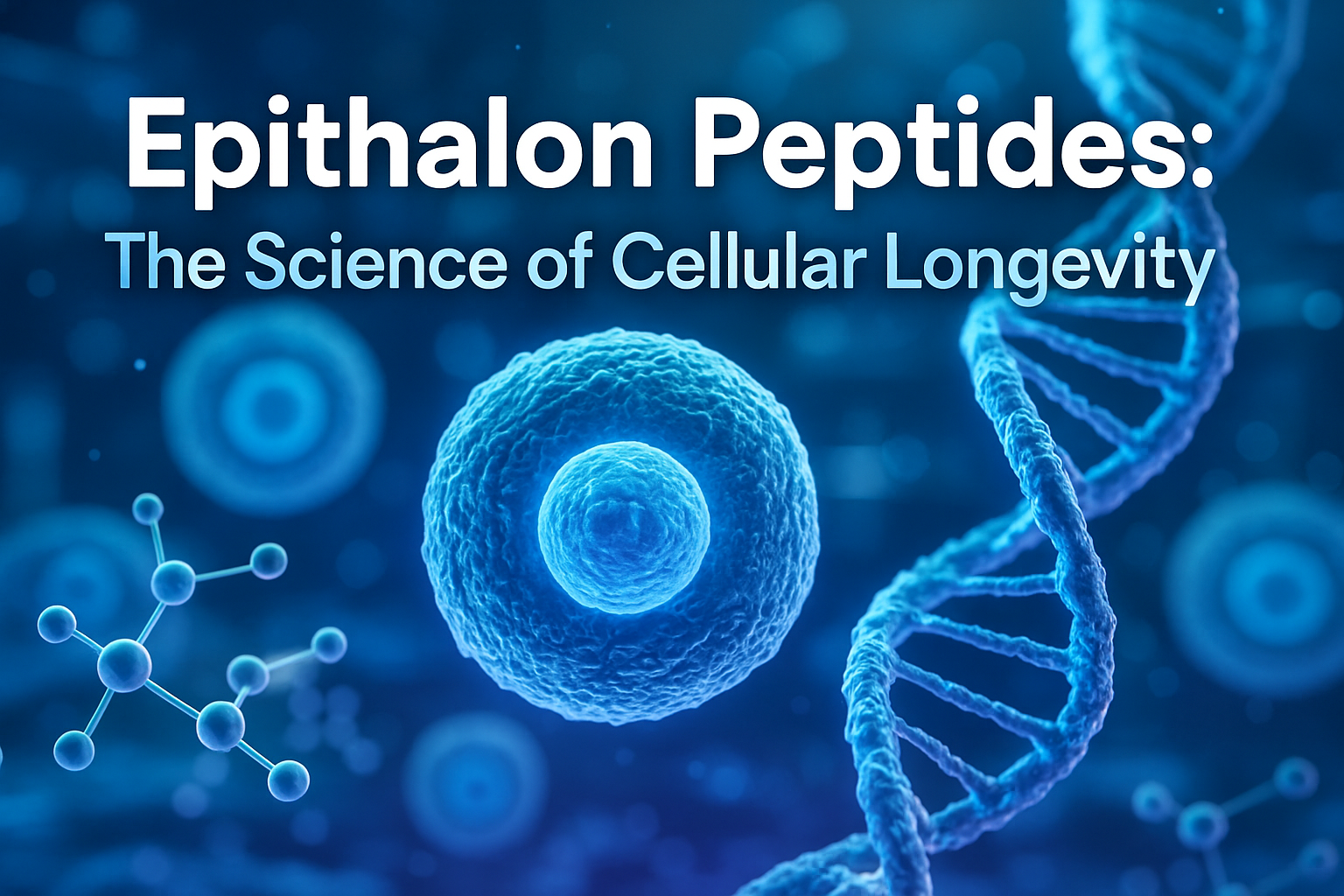 Professional landscape hero image (1536x1024) featuring bold text overlay 'Epithalon Peptides: The Science of Cellular Longevity' in extra l