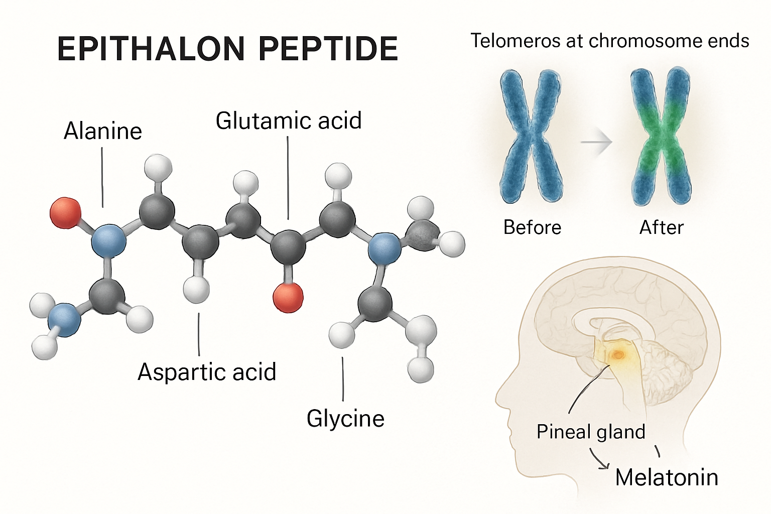 Detailed scientific illustration (1536x1024) showing epithalon peptide molecular structure with four amino acids (Alanine, Glutamic acid, As